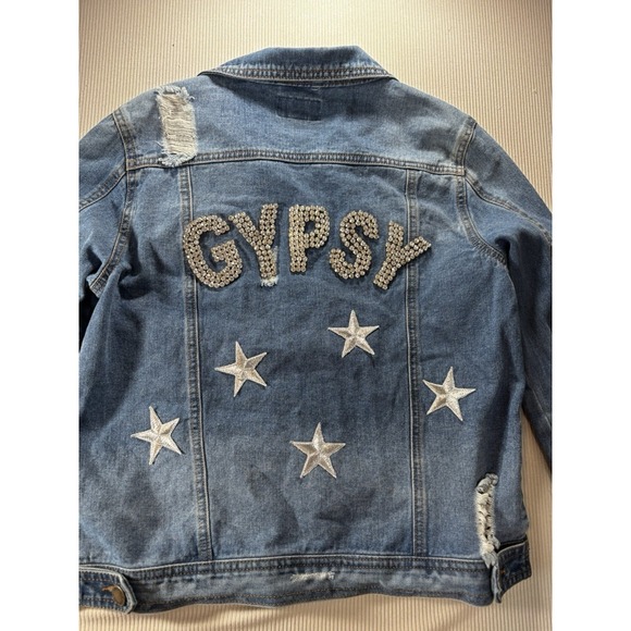 Judith March Distressed Jean Jacket Rhinestone Gypsy W/ Embroidered Stars Boho M - Picture 13 of 16